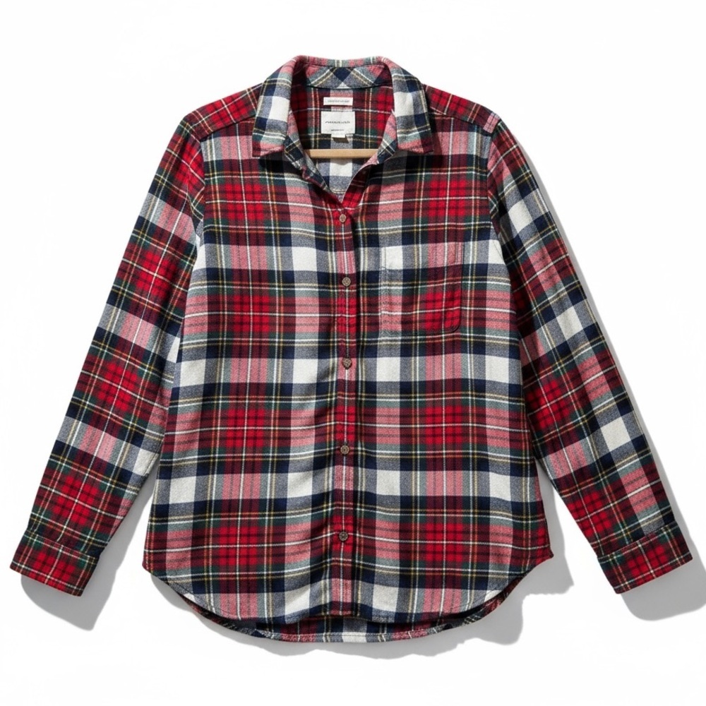 American Eagle Soft Plaid Boyfriend Flannel Shirt Cozy Fall Top Red Navy White M